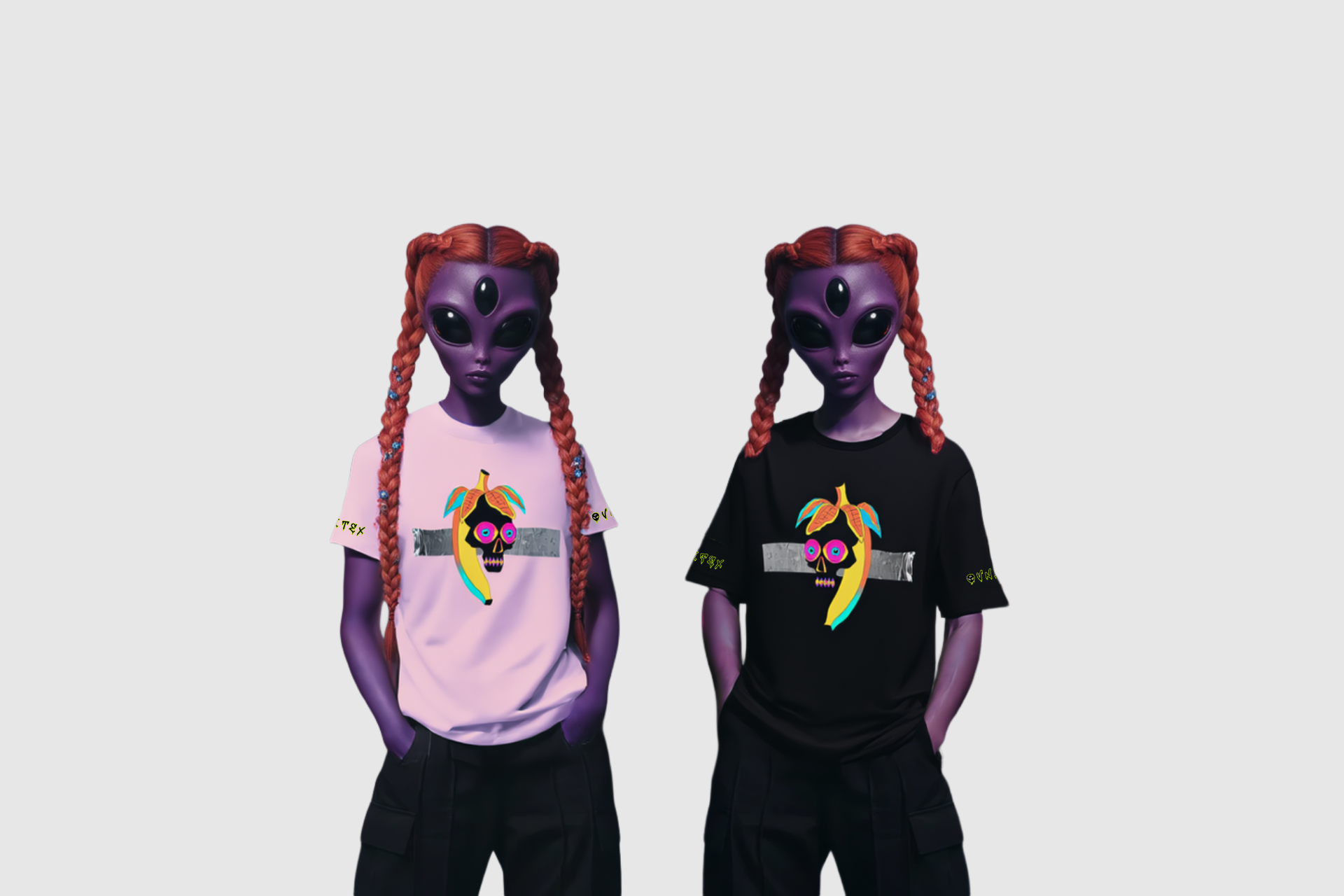 Two alien girls wearing t-shirts with a banana skull design on a plain background