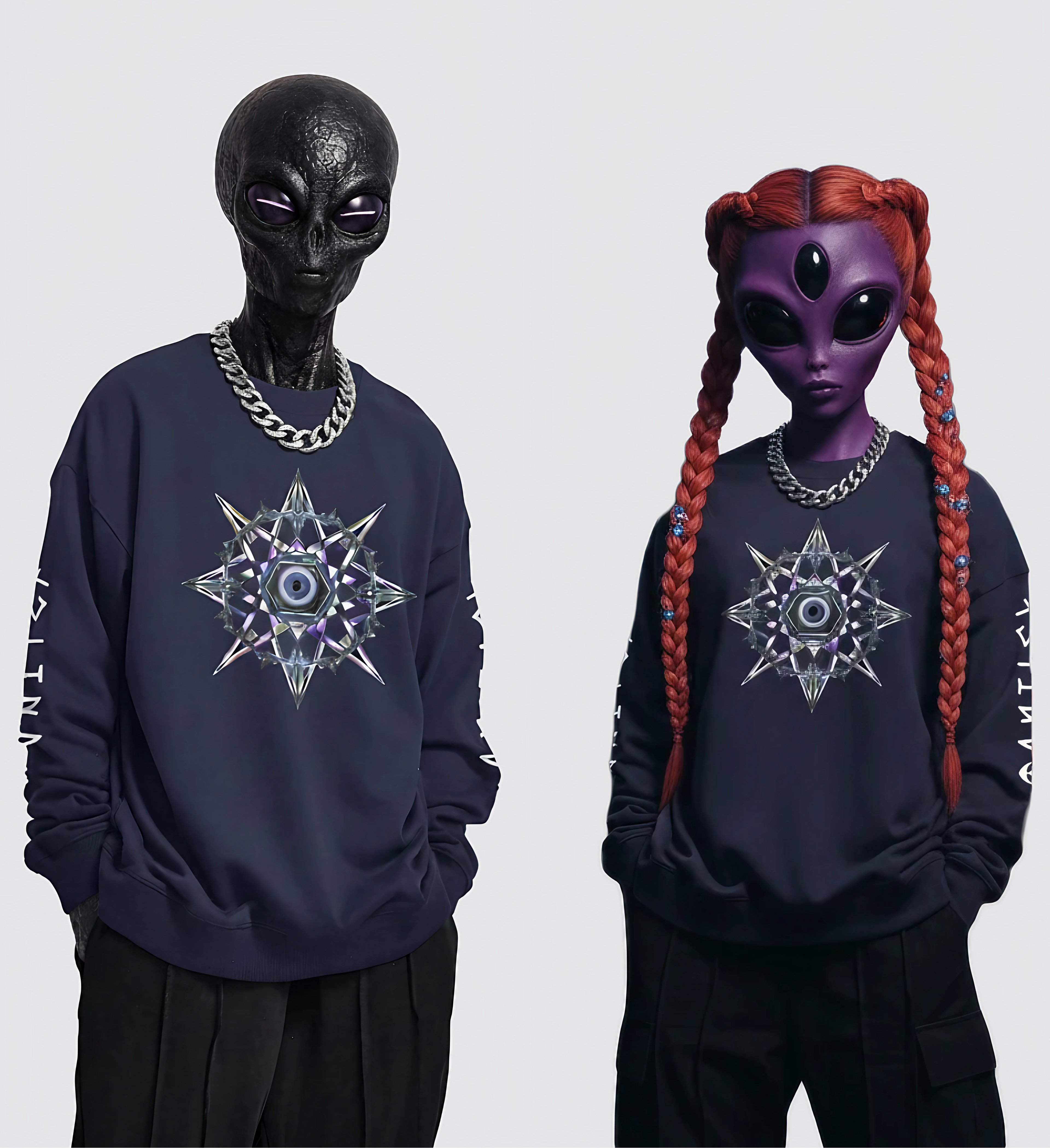 Two alien wearing dark blue sweatshirts with a star design on a plain background