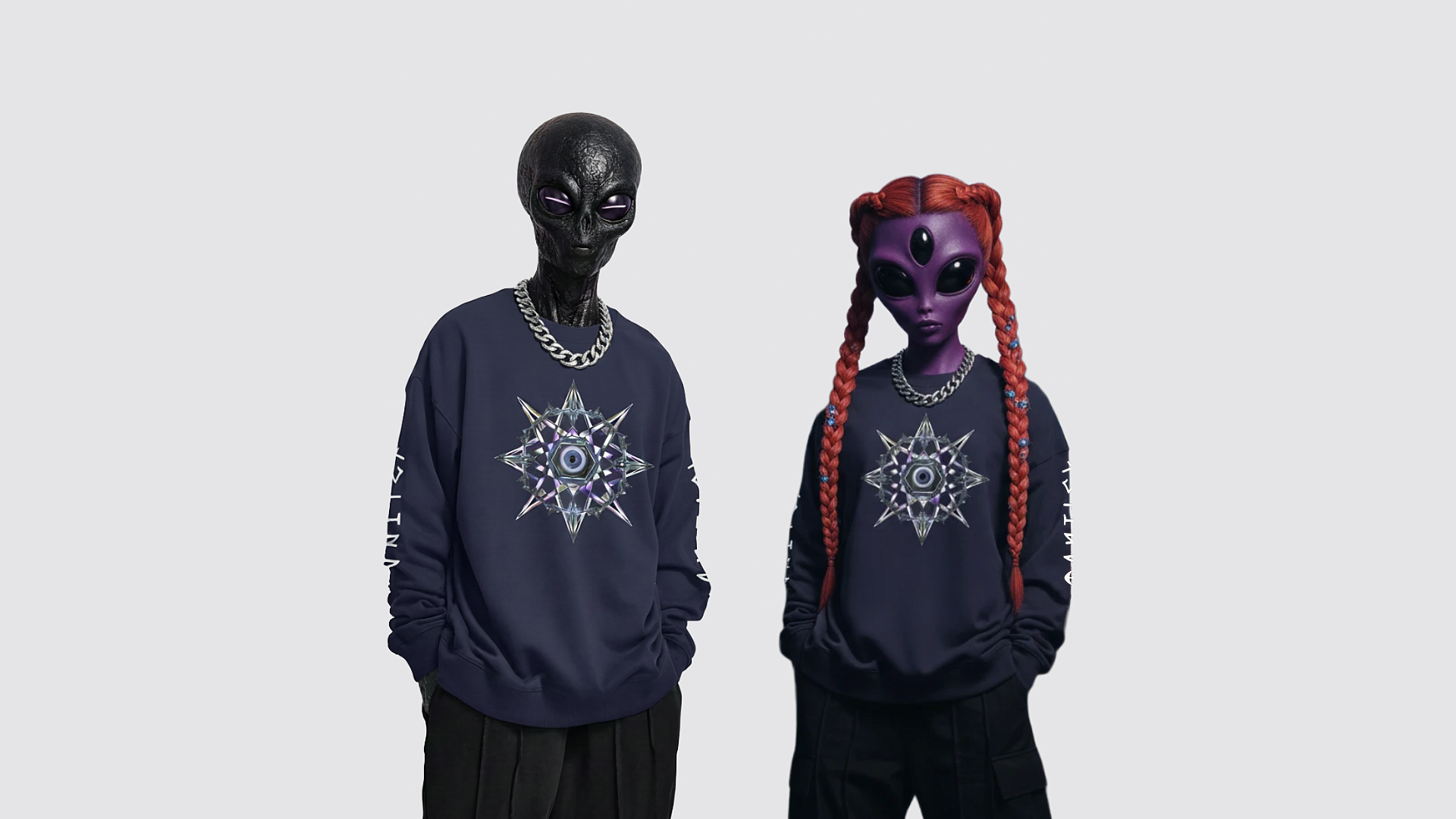 Two alien models wearing dark blue sweatshirts with a star design on a light gray background